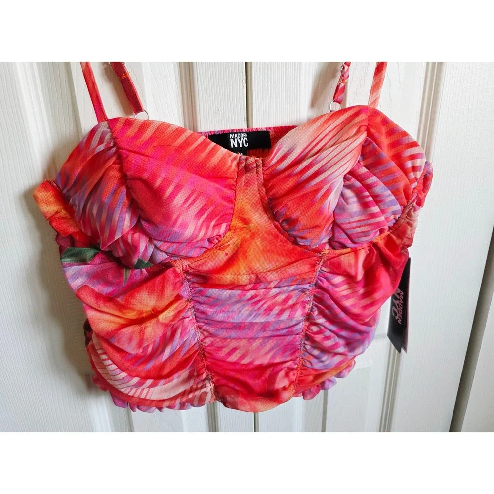 Madden NYC M Pink Orange Tropical Mesh Shirred Bustier Crop Top Medium NWT